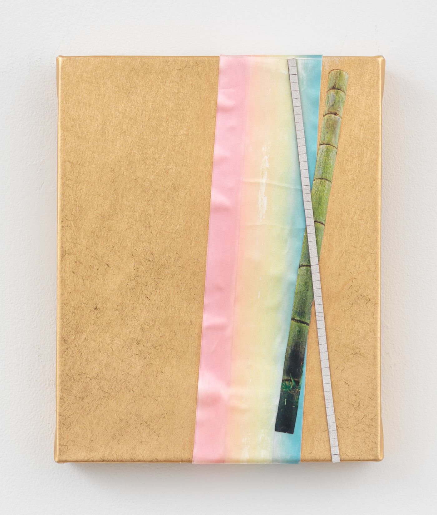 Maggie Lee, Gold Medal Gymnast, 2025. Paper, diamond tile, ribbon, magazine cutout on linen. 8 x 10 in (20.3 x 25.4 cm)