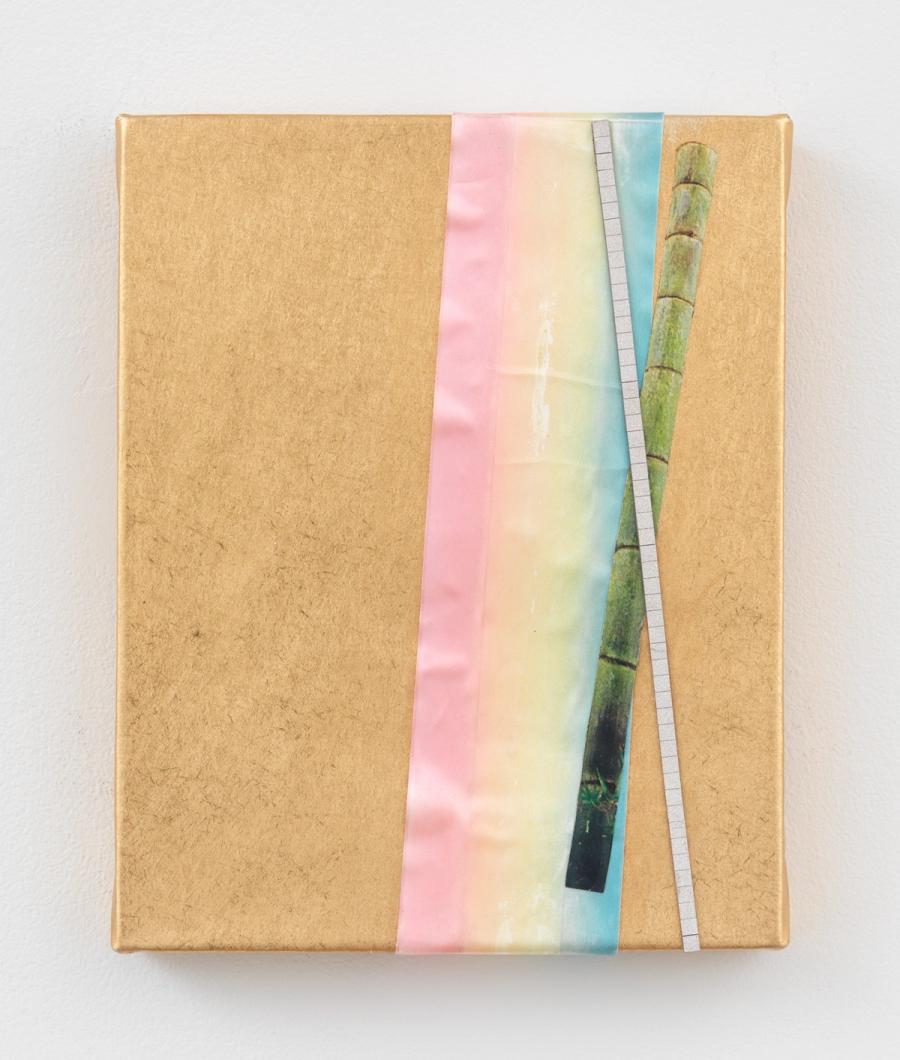 Maggie Lee, Gold Medal Gymnast, 2025. Paper, diamond tile, ribbon, magazine cutout on linen. 8 x 10 in (20.3 x 25.4 cm)