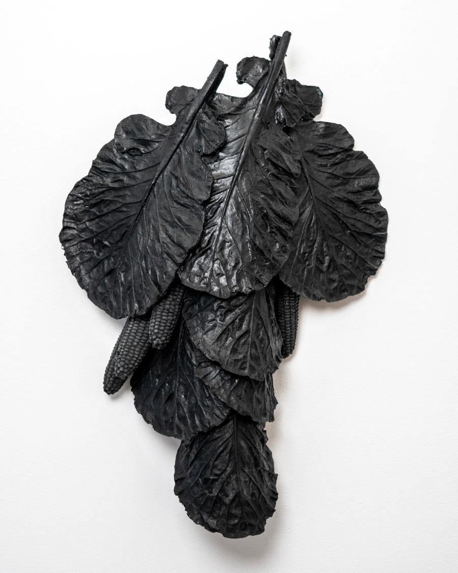 Still Life with Seven Large Collard Leaves and Four Corn Cobbs