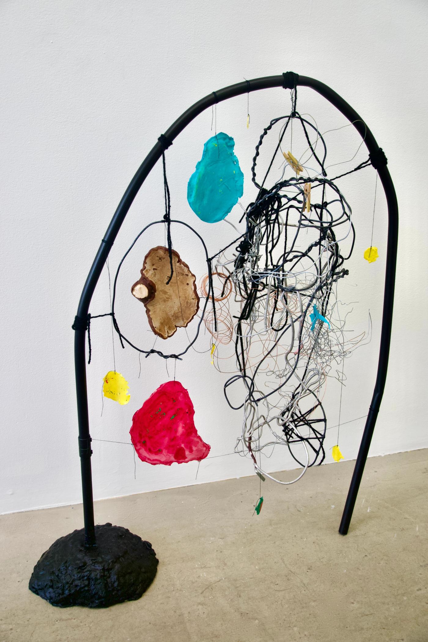 Image of Untitled, 2022: Metal, wires, yarn, concrete, beeswax, thread, acrylic polymer, reishi mushroom
