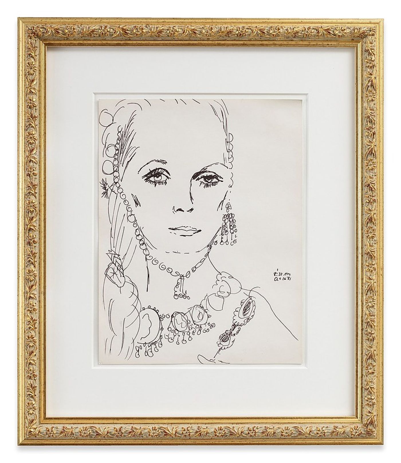 Karen Kilimnik, lots of jewelry + eyelashes - must be Elizabeth Taylor, 1981. Ink on paper, 11 x 8.5 in (27.9 × 21.6 cm).