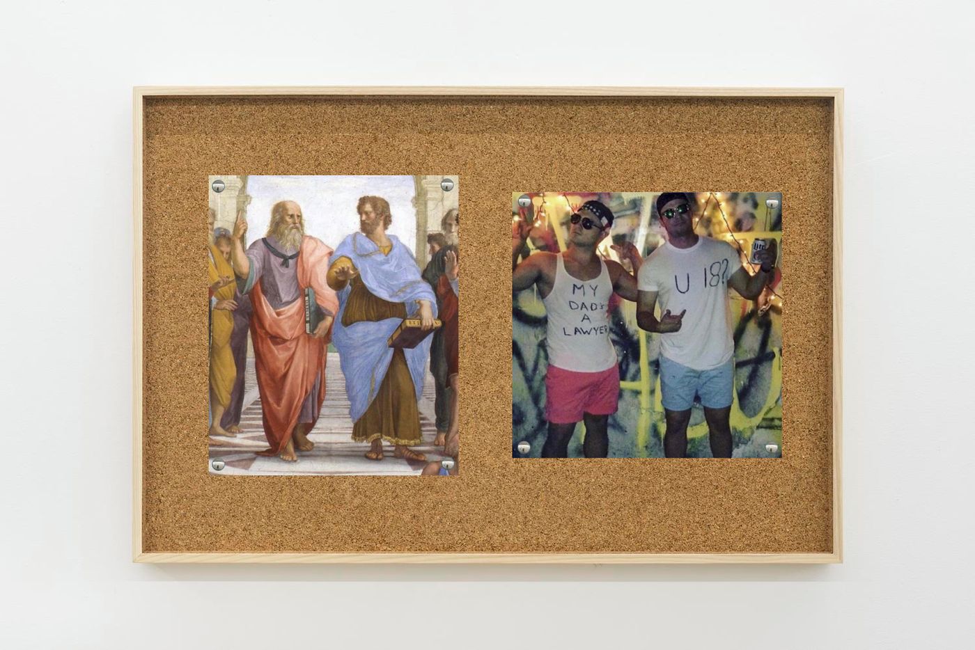 Image of Raphael/philosophers, 2025: Collage on corkboard