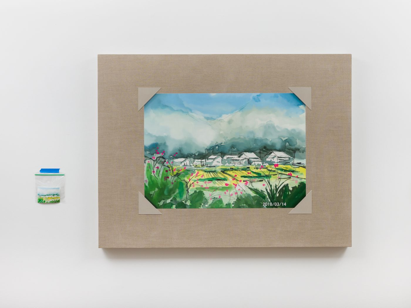 Image of Watercolor of Rice Fields, 2024: Oil on linen; digital print, and plastic bag