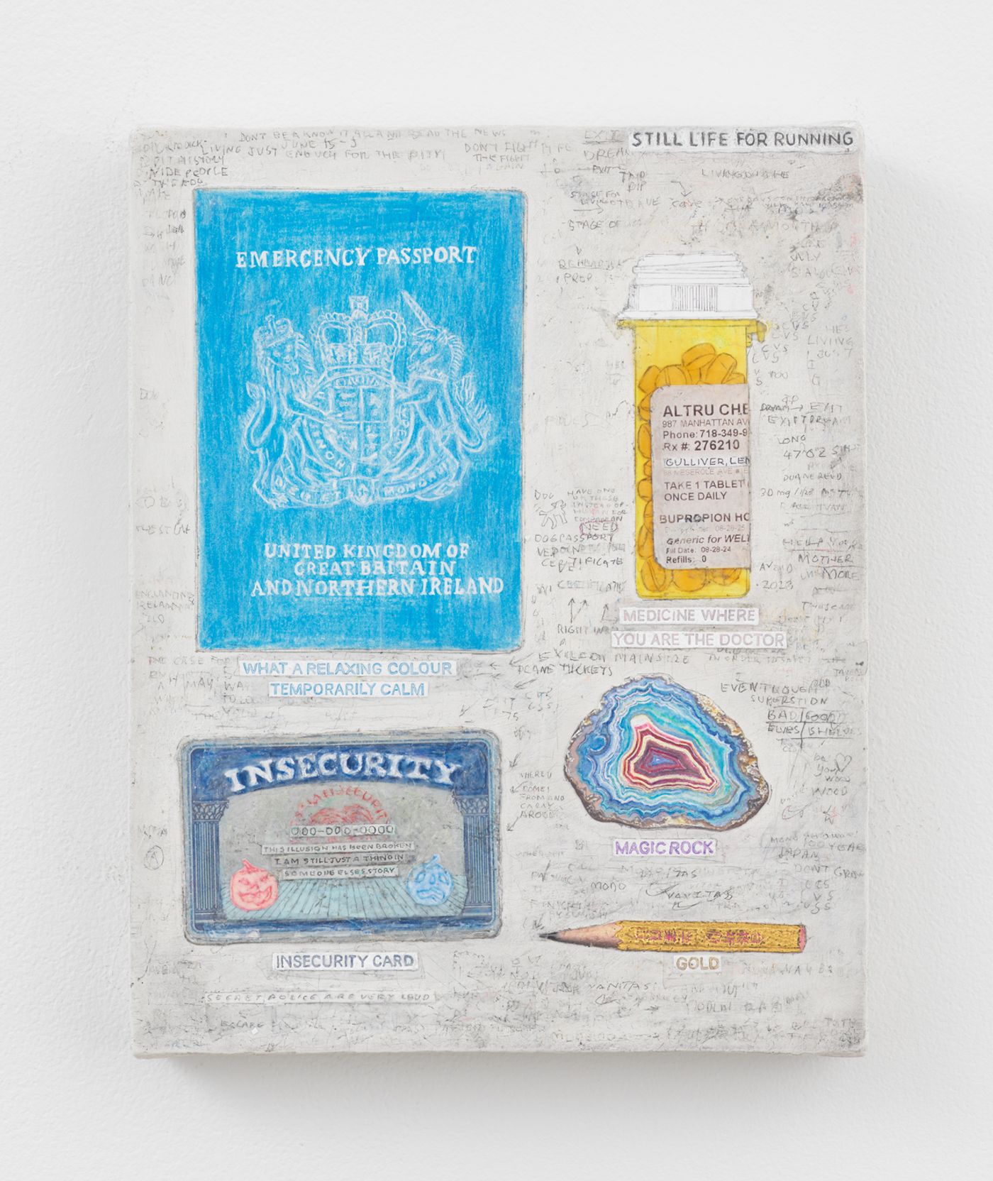 Simon Evans and Sarah Lannan, Still Life for Running, 2025. Mixed media on linen. 10 x 8 in (25.4 x 20.3 cm)