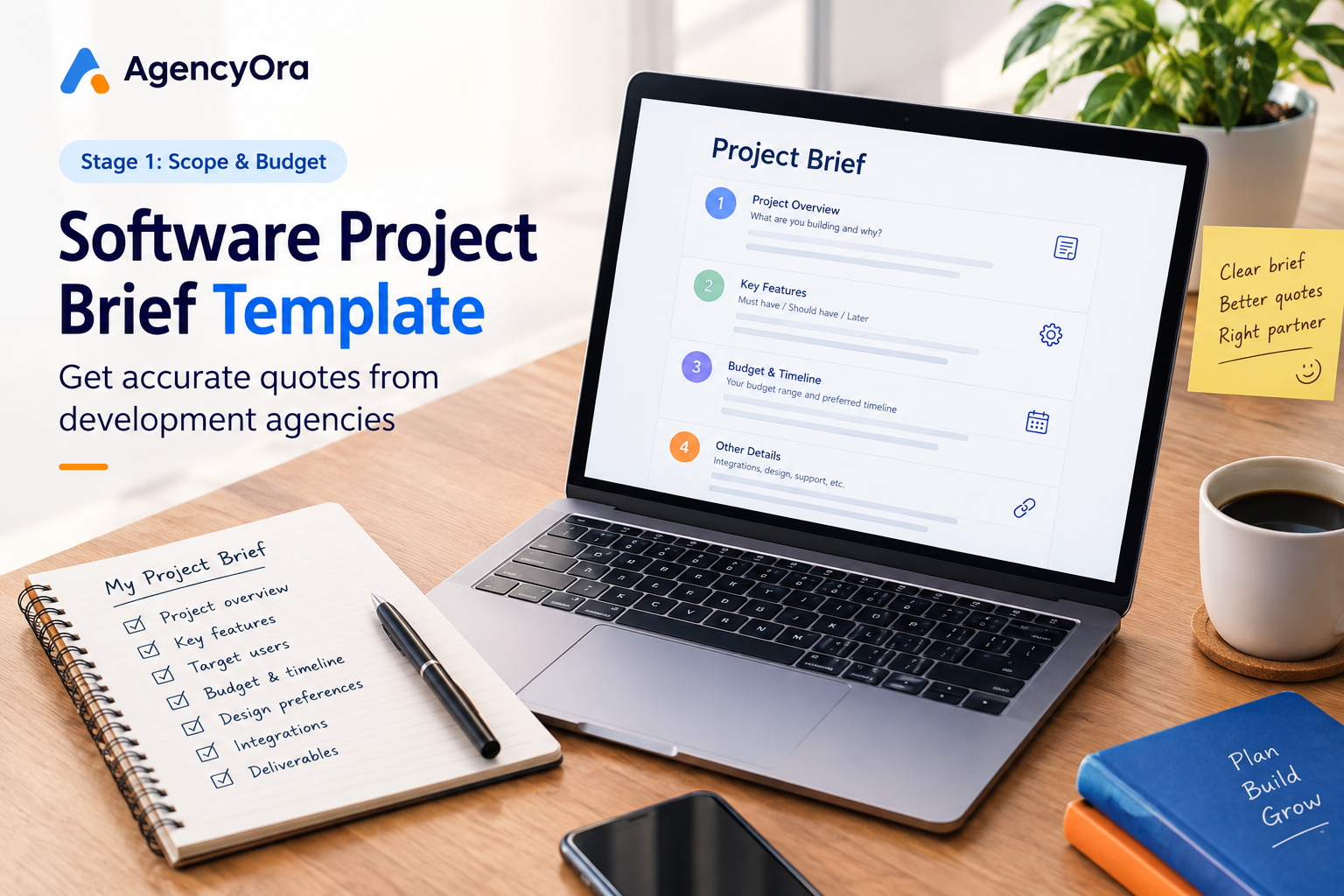 Software project brief template with project scope, budget, features and timeline checklist