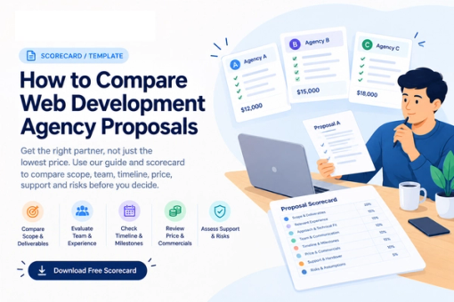 Got proposals from different agencies? Use this simple guide and scorecard to compare scope, team, timeline, price, support and risks before choosing a web development partner.