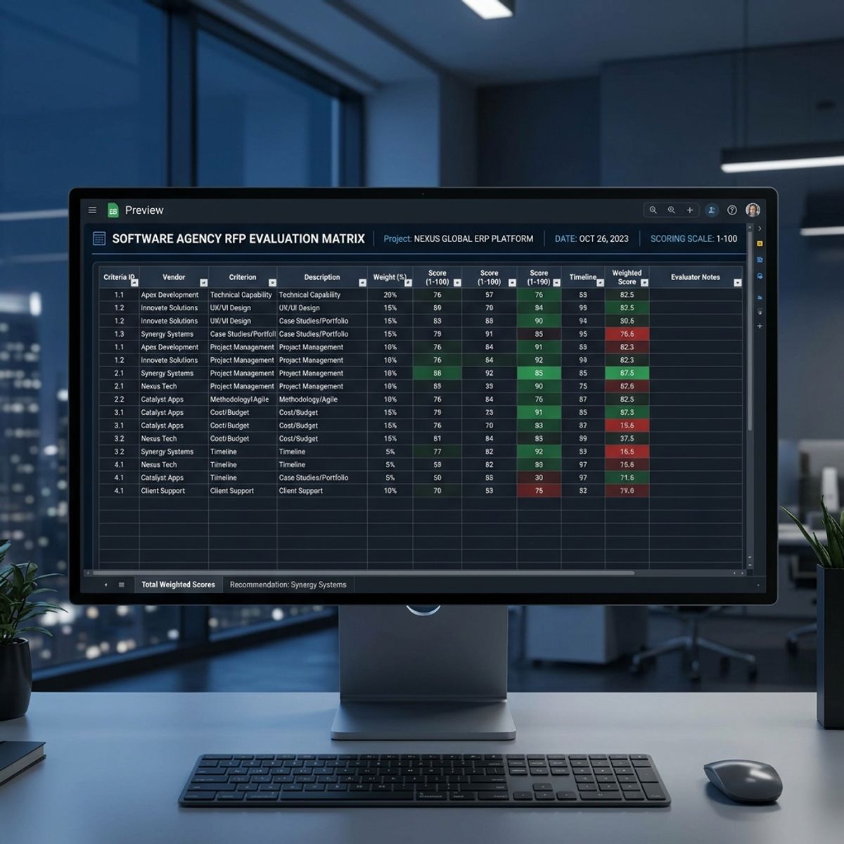 RFP evaluation scorecard spreadsheet preview