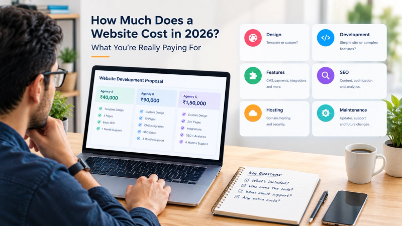 Business owner comparing website development costs and project features