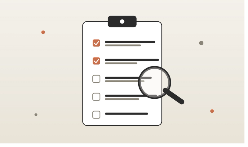 Illustration of a checklist and magnifying glass representing agency vetting process