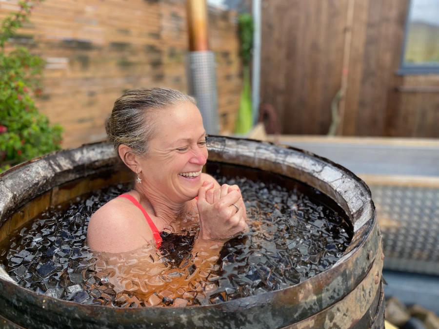 Pi in the wood-barrel ice bath at Bothan Jura Retreat, Isle of Jura