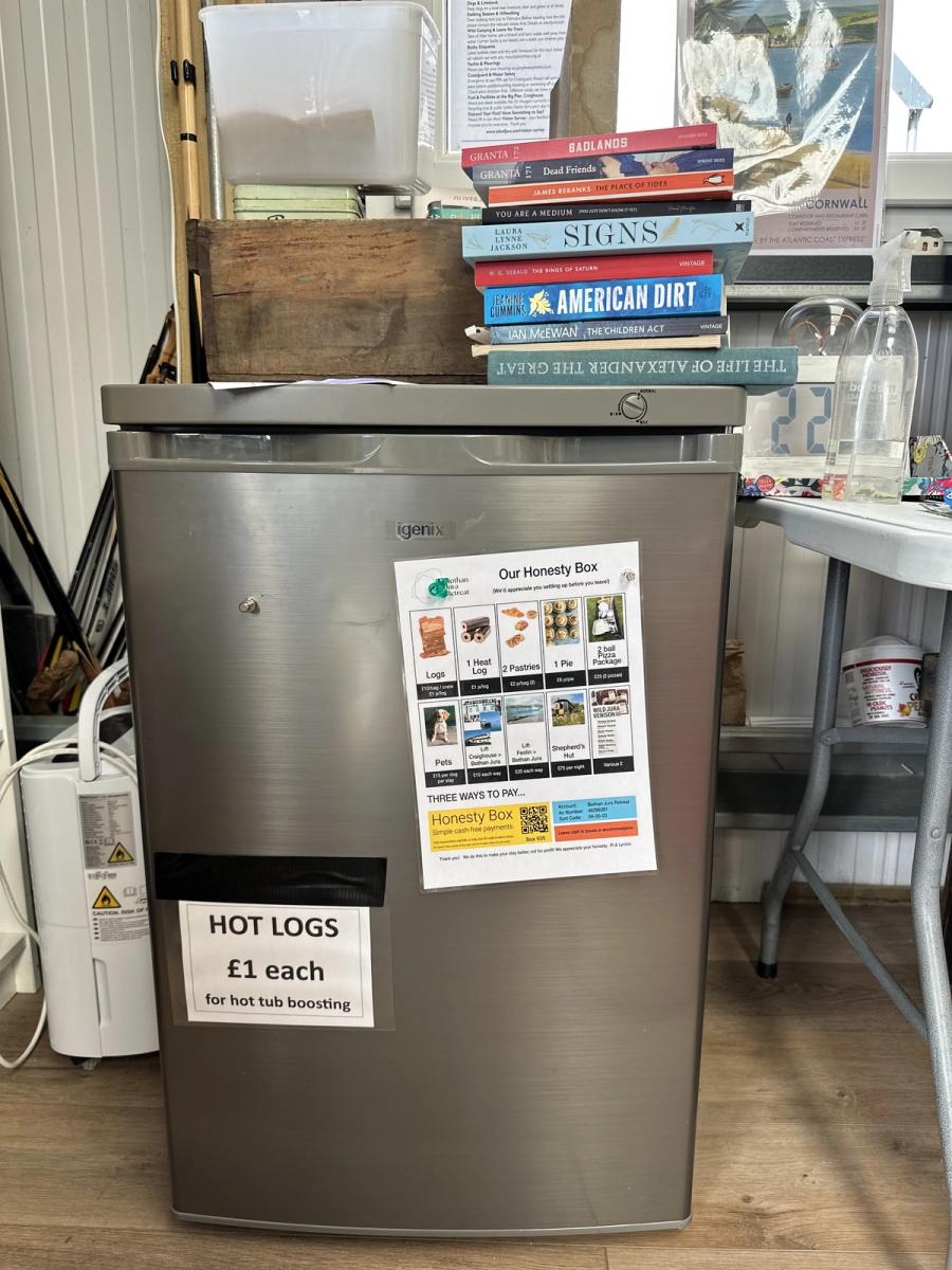 The guest honesty freezer in the shed at Bothan Jura Retreat, Isle of Jura, stocked with local pies