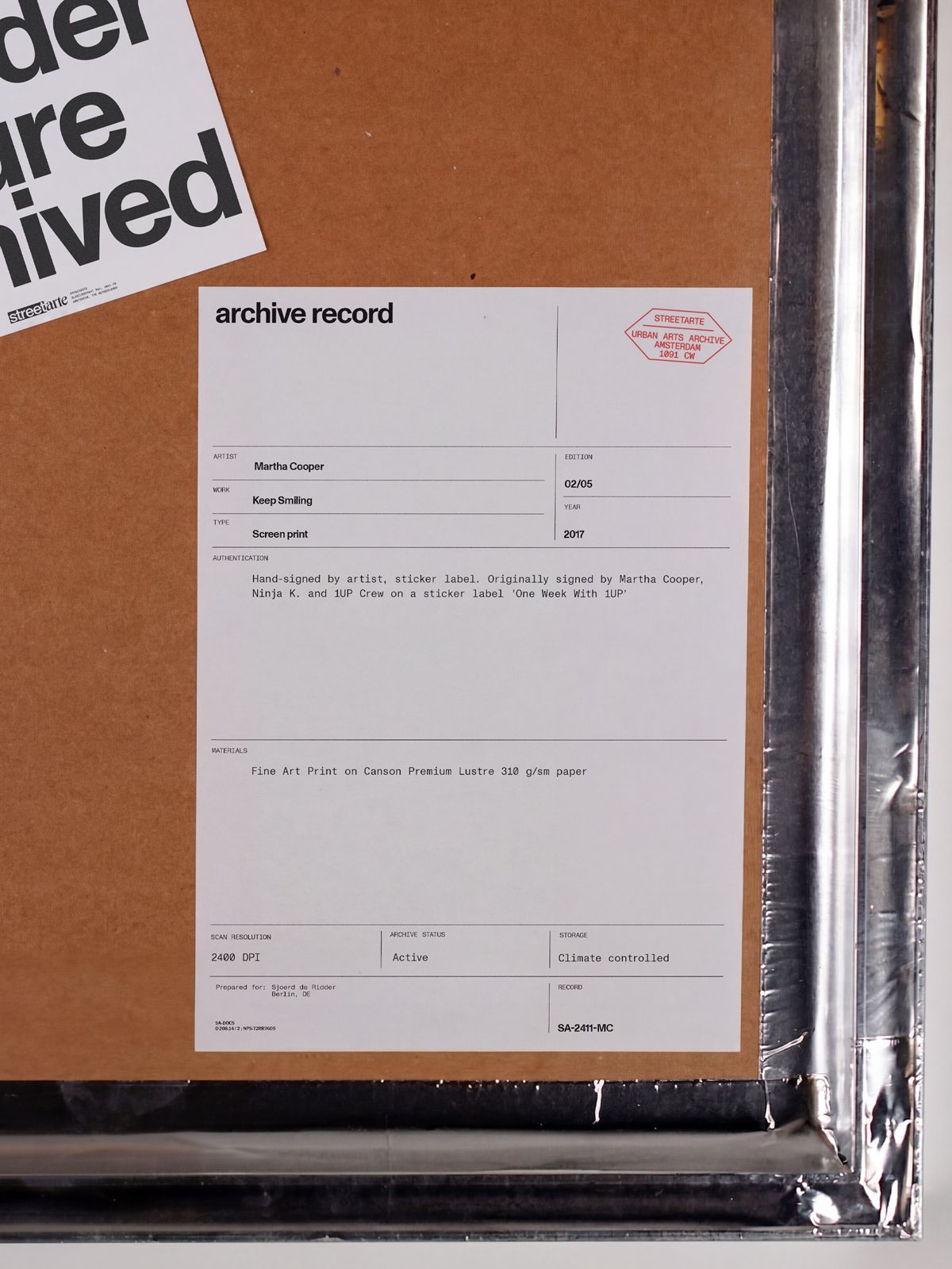 StreetArte archive record, certificate design