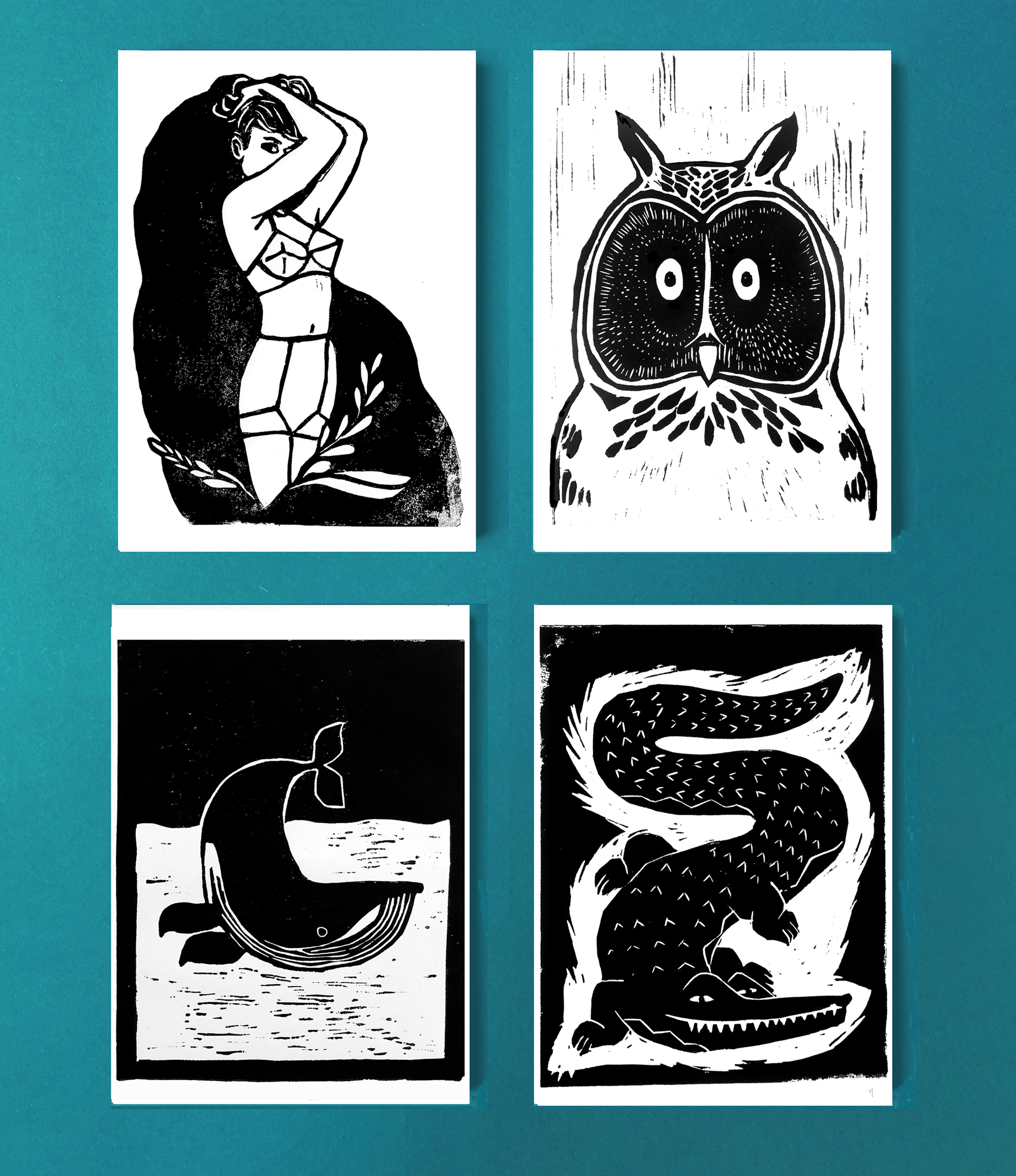 Cartes postales Linogravure noire et blanche