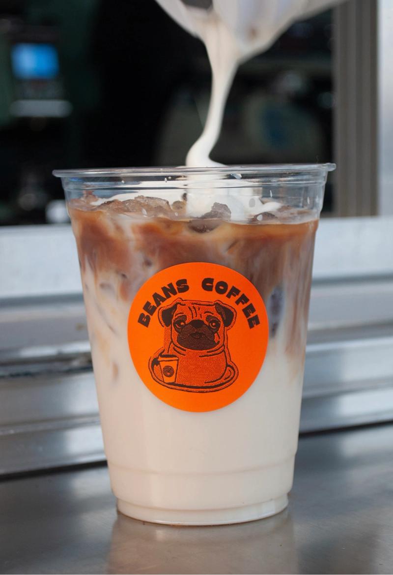Beans coffee latte with Beans coffee pug sticker