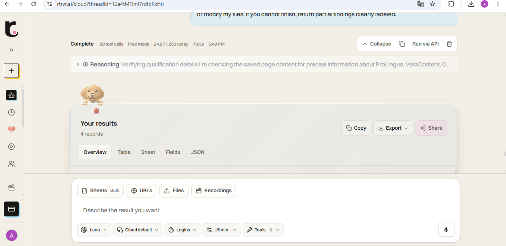 Completed rtrvr.ai freelance client search: 4 records, 20 tool calls, 70.5 seconds