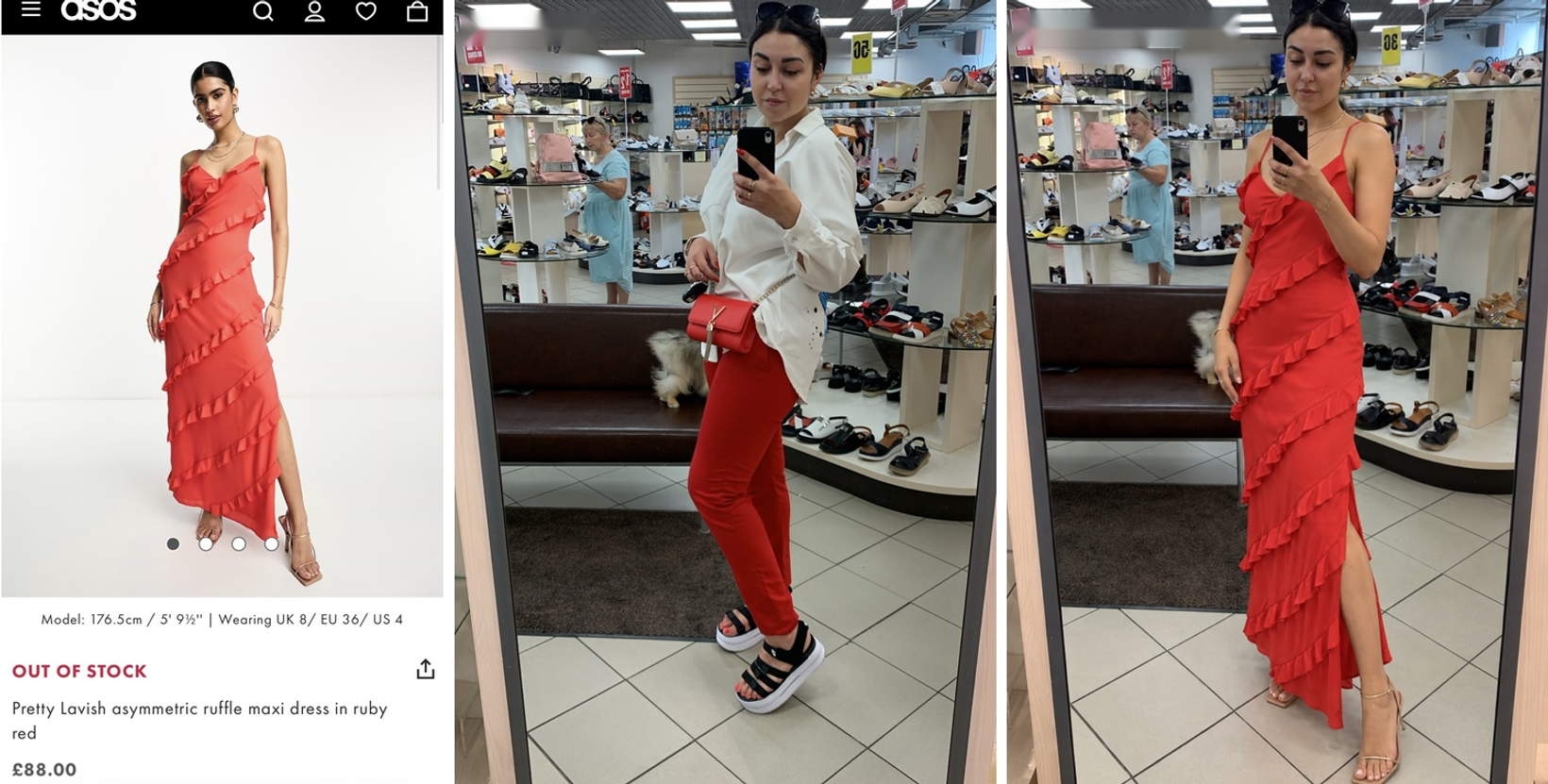 Pretty Lavish red evening dress shown as the product listing, my original shoe-shop photo, and ChatGPT Try On result. The generated image makes my body noticeably slimmer than in the original.