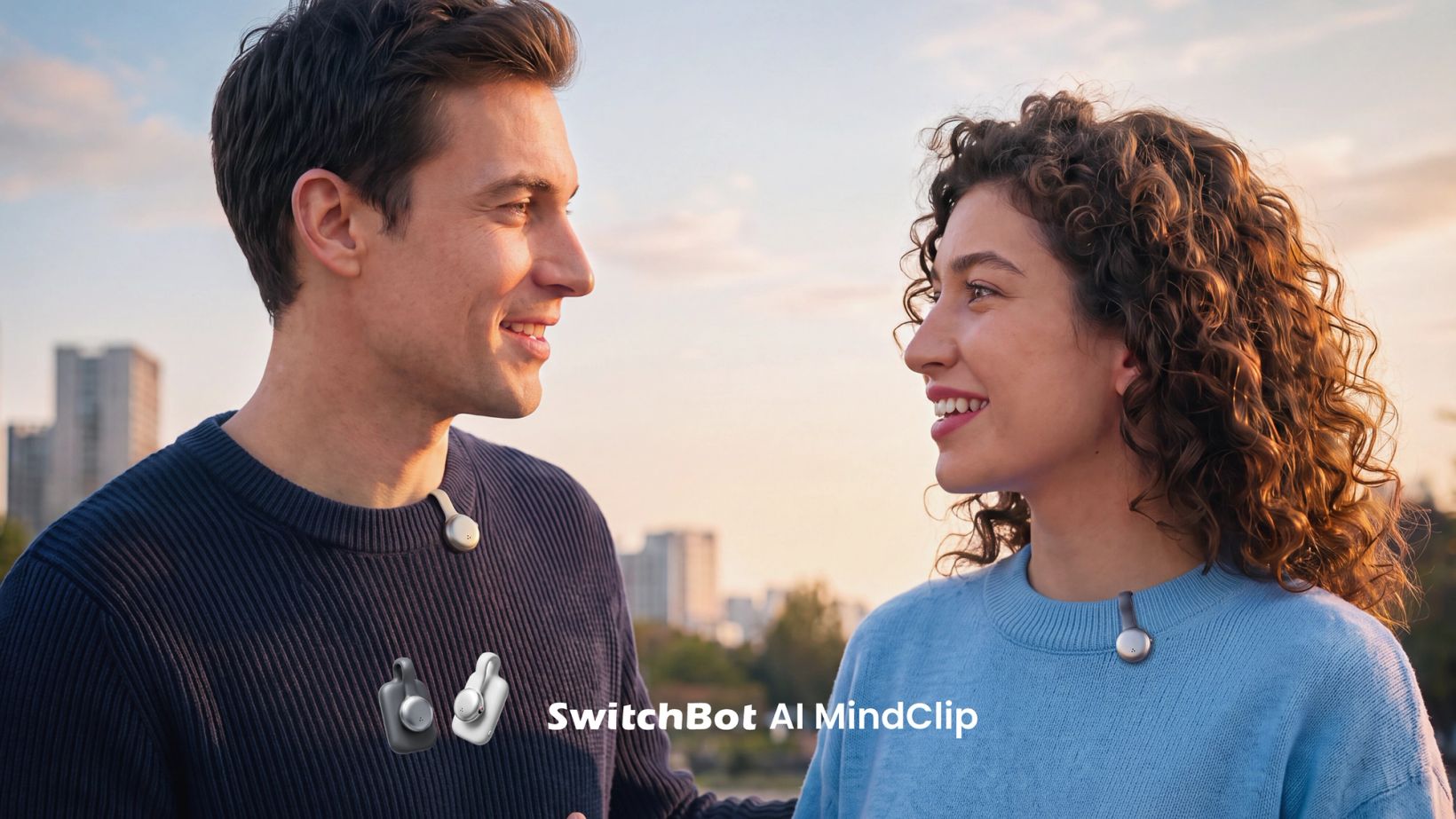 Two people wearing SwitchBot AI MindClip wearable AI recorders