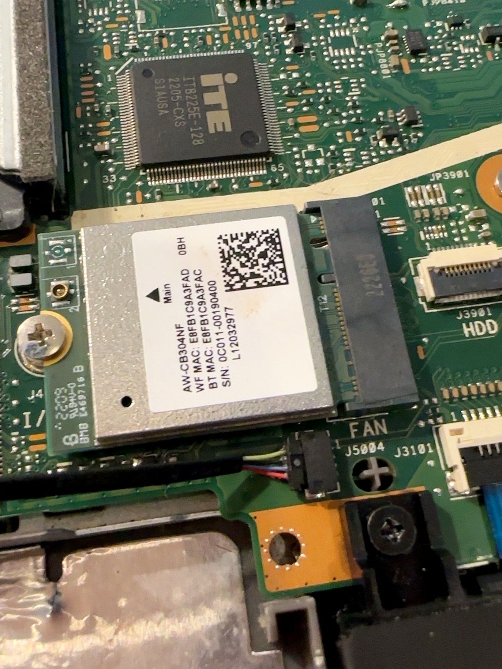 Wi-Fi card and antenna cables inside a laptop during troubleshooting
