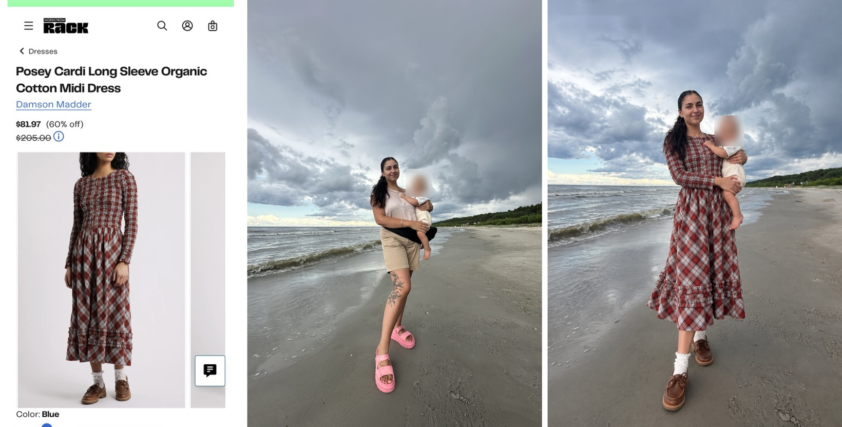 Damson Madder checked dress shown with my original beach photo holding my son and the ChatGPT Try On result. The generated version noticeably changes both of us instead of only replacing my clothes.