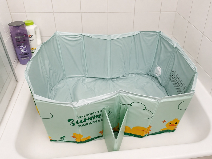 Foldable baby bathtub placed inside a small shower tray