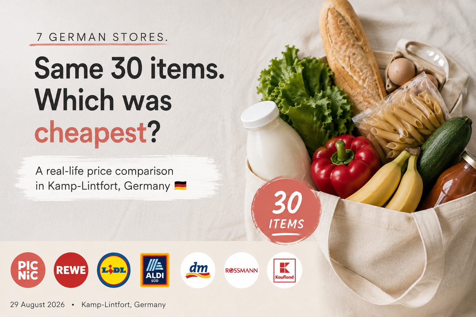 Grocery price comparison across seven German stores for the same 30-item basket.