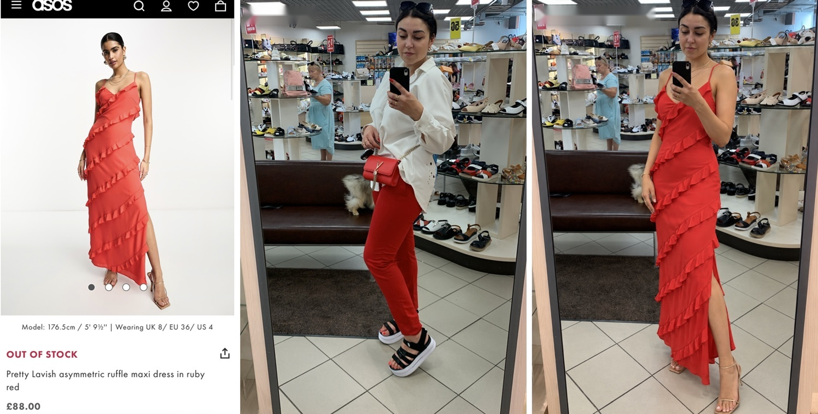 Красное вечернее платье Pretty Lavish, моя исходная фотография в обувном магазине и результат ChatGPT Try On. На сгенерированном изображении ChatGPT сделал мою фигуру заметно стройнее.