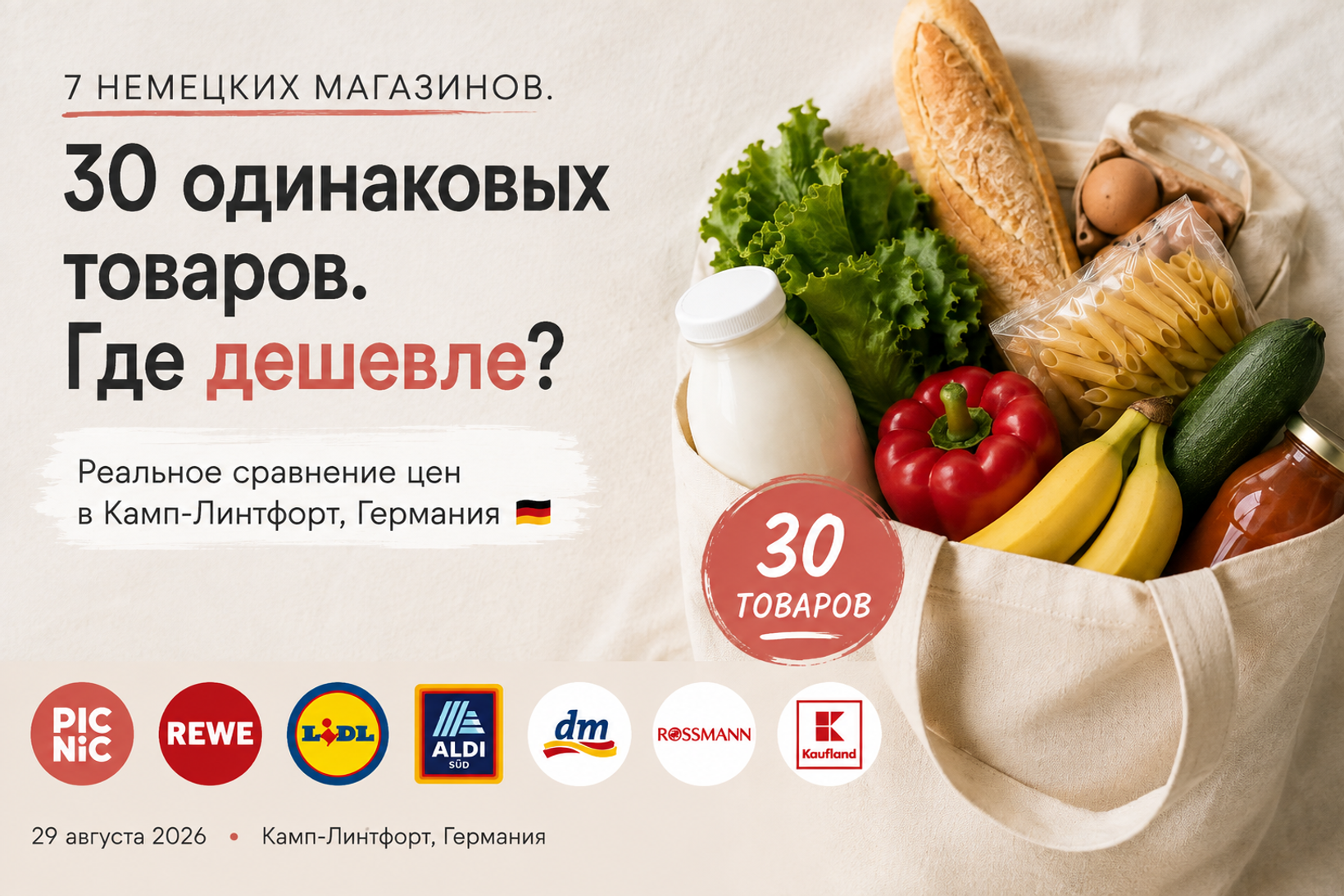 Сравнение корзины из 30 товаров в семи немецких магазинах.