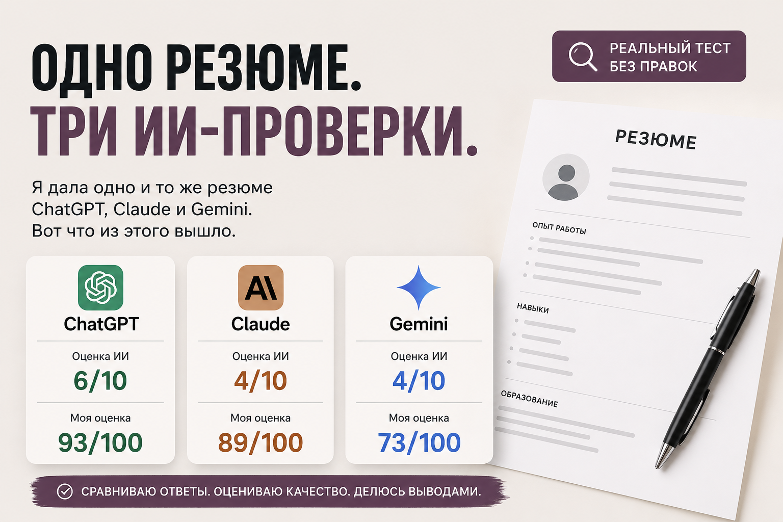 Сравнение проверки одного резюме в ChatGPT, Claude и Gemini