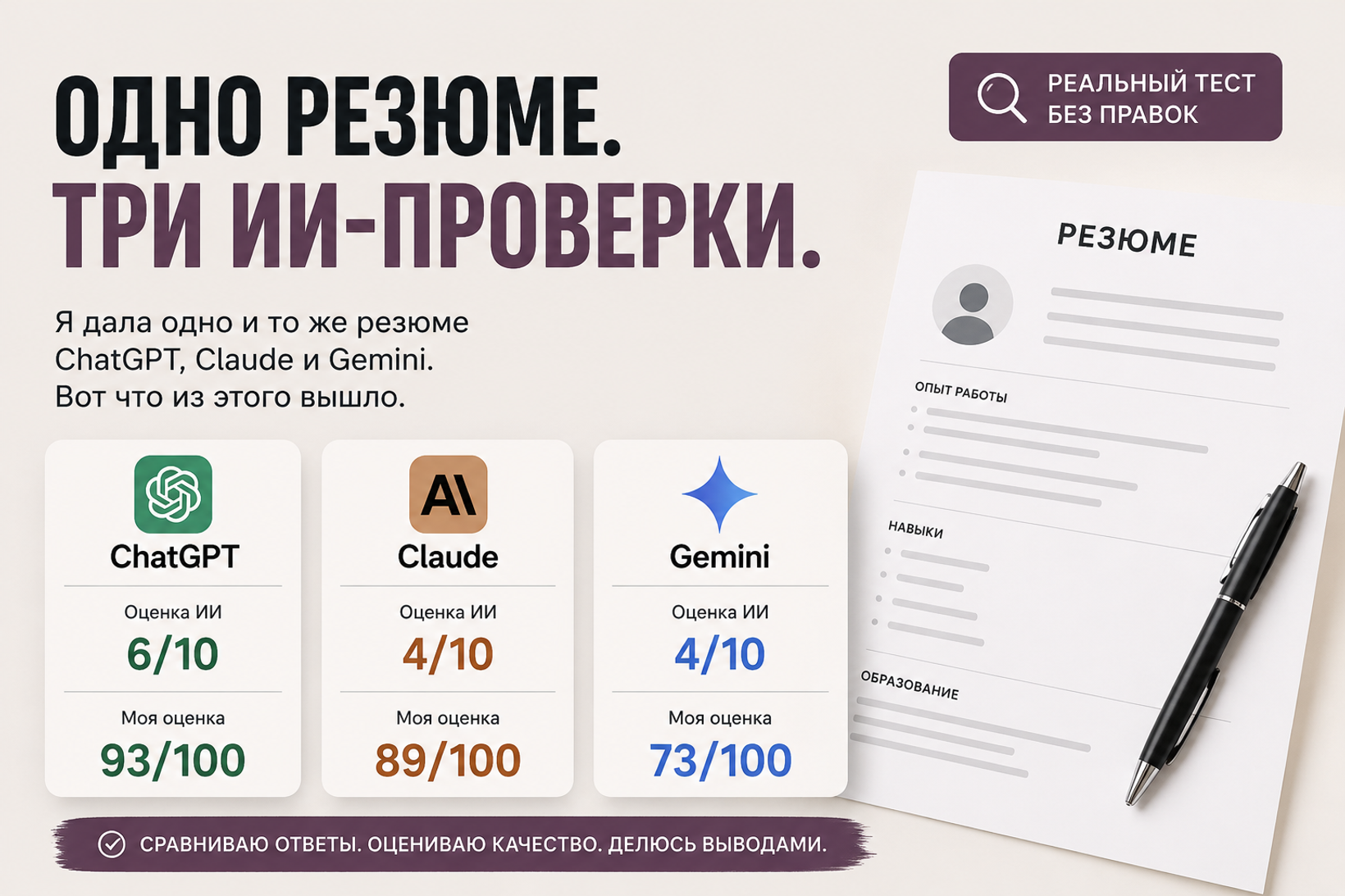 Сравнение проверки одного резюме в ChatGPT, Claude и Gemini