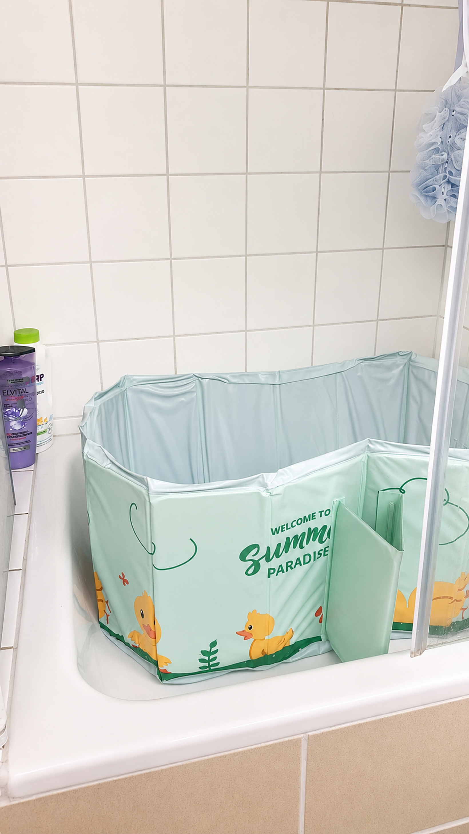 78 cm Lafisun foldable baby bathtub fitting inside a shower tray with about 70 cm of usable length