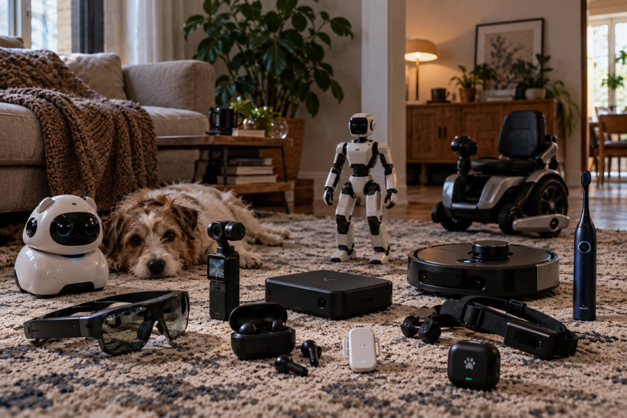 AI gadgets including smart glasses, a humanoid robot, robot vacuum, wearable devices and a pet tracker arranged in a living room