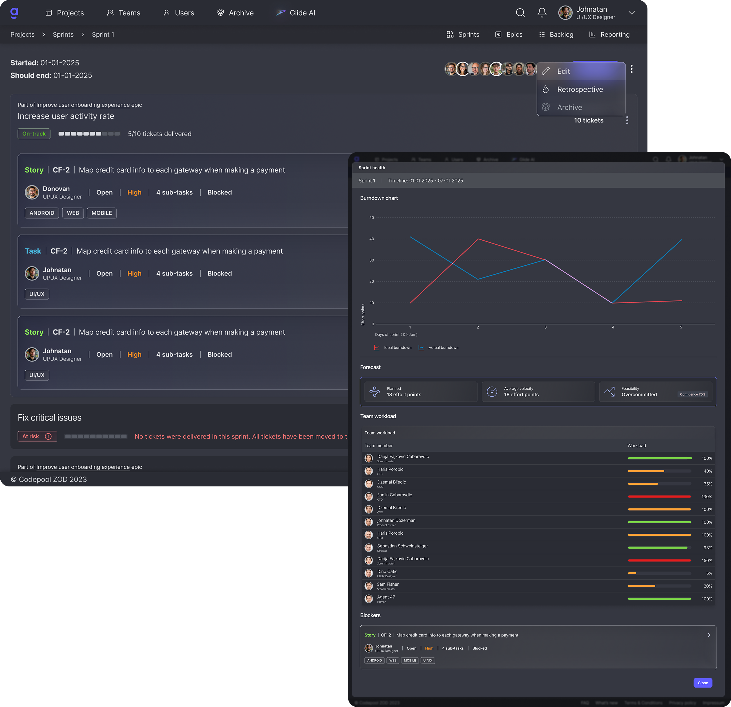ScrumGlide - ScrumGlide is our Scrum-native delivery platform built from years of real project experience.
It helps teams run predictable sprints with health tracking, deviation alerts, and an AI assistant that improves tickets, planning, and communication in real time.
For organisations that want fewer surprises and more reliable delivery, ScrumGlide brings clarity and consistency to every sprint.