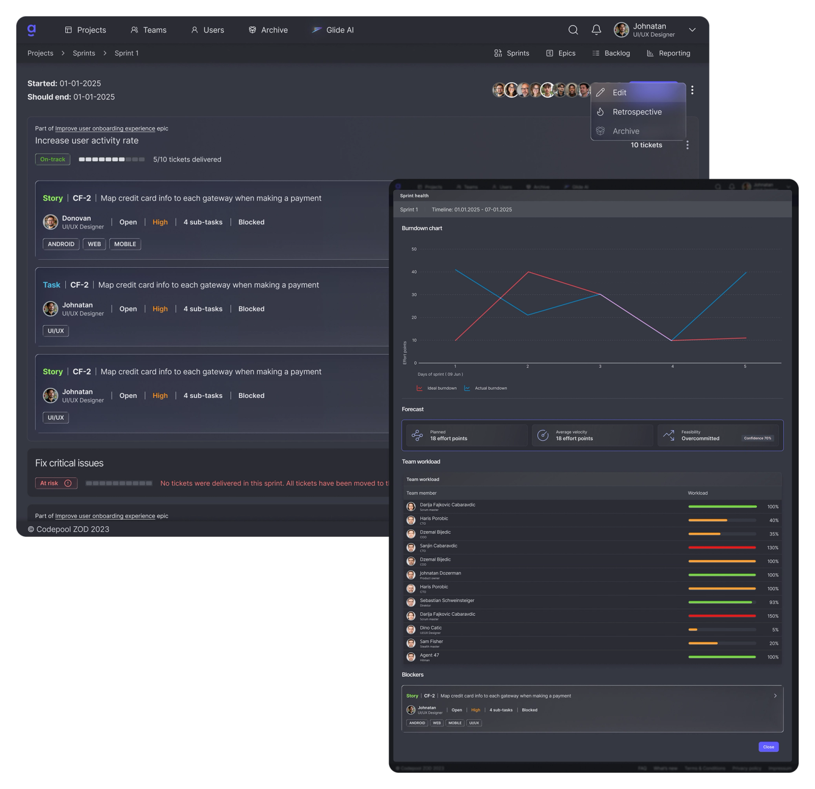 ScrumGlide - ScrumGlide is our Scrum-native delivery platform built from years of real project experience.
It helps teams run predictable sprints with health tracking, deviation alerts, and an AI assistant that improves tickets, planning, and communication in real time.
For organisations that want fewer surprises and more reliable delivery, ScrumGlide brings clarity and consistency to every sprint.