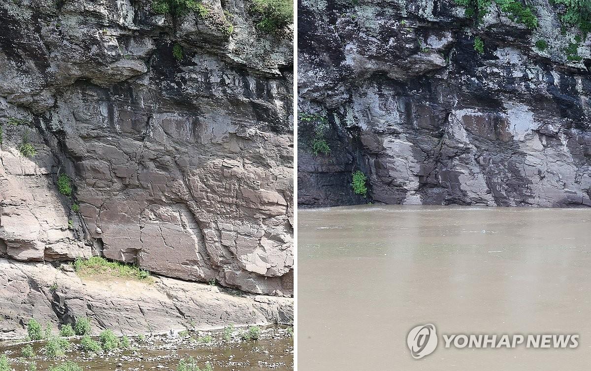 반구대 암각화 침수 전·후 모습 (울산=연합뉴스) 김용태 기자 = 19일 울산 울주 대곡리 반구대 암각화가 호우에 사연댐 수위가 상승하면서 물에 잠겨 보이지 않고 있는 모습(오른쪽 사진). 왼쪽 사진은 지난 3일 동일한 구도로 촬영한 반구대 암각화 모습. 2025.7.19 yongtae@yna.co.kr
