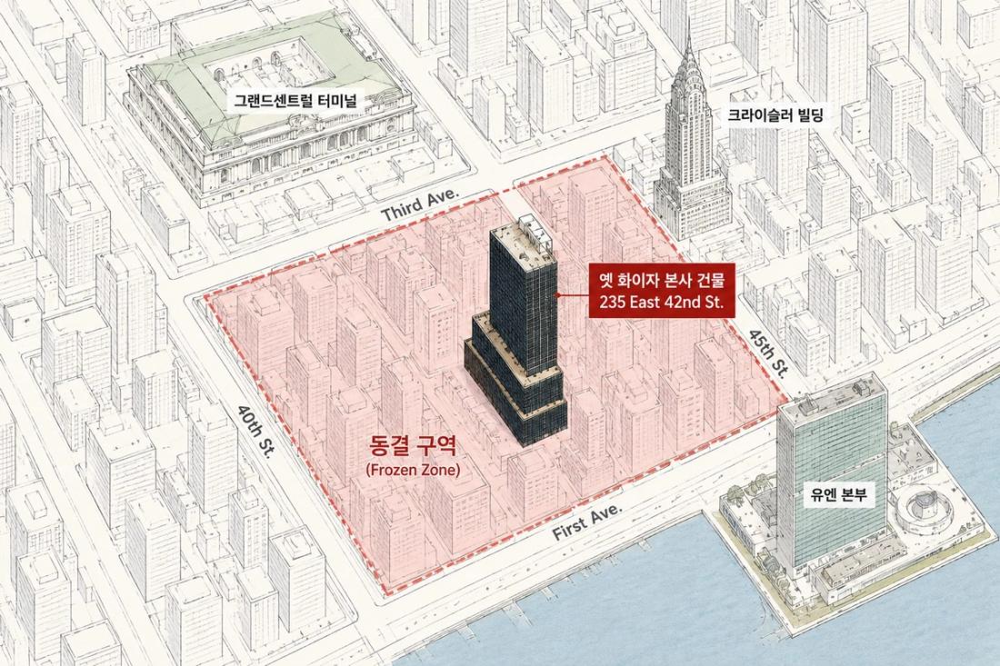 붕괴 위험이 발생한 옛 화이자 본사 건물(235 East 42nd St.)과 40~45가·1~3애비뉴 '동결 구역' 일대 (그래픽: NY&NJ)