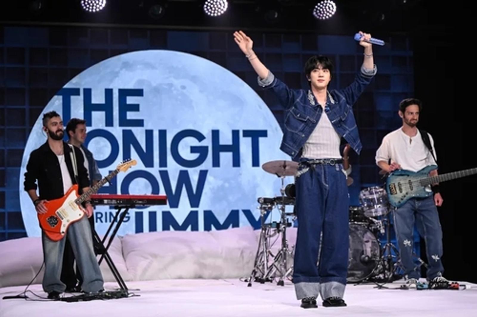 This photo provided by Todd Owyoung and NBC shows BTS’ Jin (2nd from R) performing his new song on “The Tonight Show Starring Jimmy Fallon.” (PHOTO NOT FOR SALE) (Yonhap)