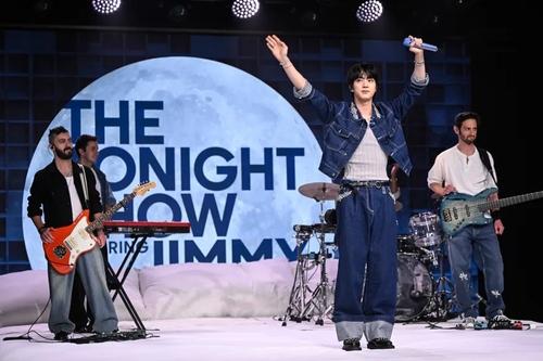 This photo provided by Todd Owyoung and NBC shows BTS’ Jin (2nd from R) performing his new song on “The Tonight Show Starring Jimmy Fallon.” (PHOTO NOT FOR SALE) (Yonhap)