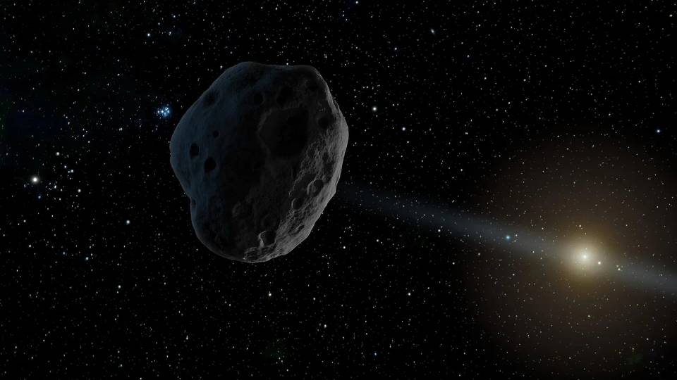 Yıldızlı uzayda uzaktaki Güneş'e doğru ilerleyen bir asteroit illüstrasyonu, Juno asteroidini simgeliyor