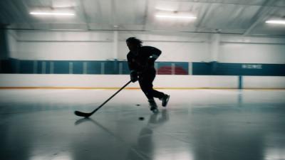 A person skates with a hockey stick and a puck