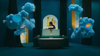 a DJ stands in a stylized room