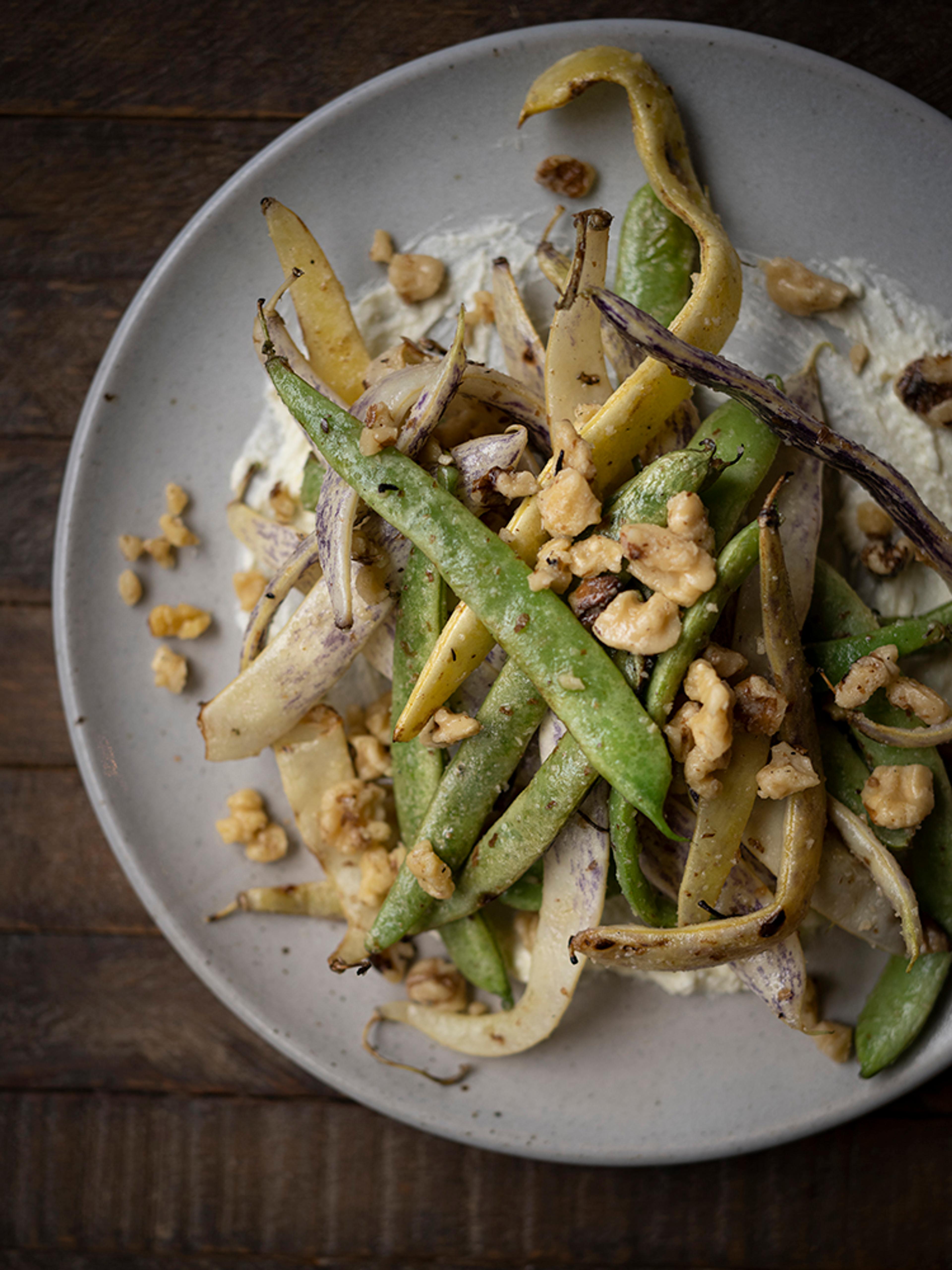 spring beans, crushed almonds, ricotta