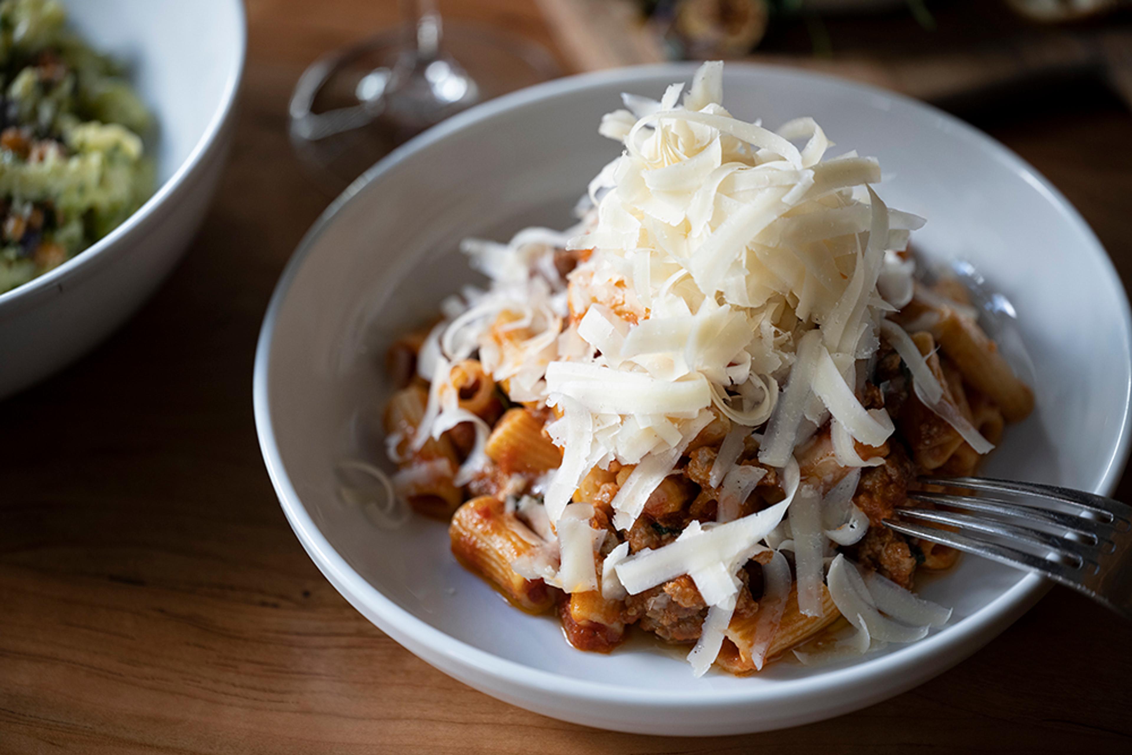 bowl of famous rigatoni with spicy sausage