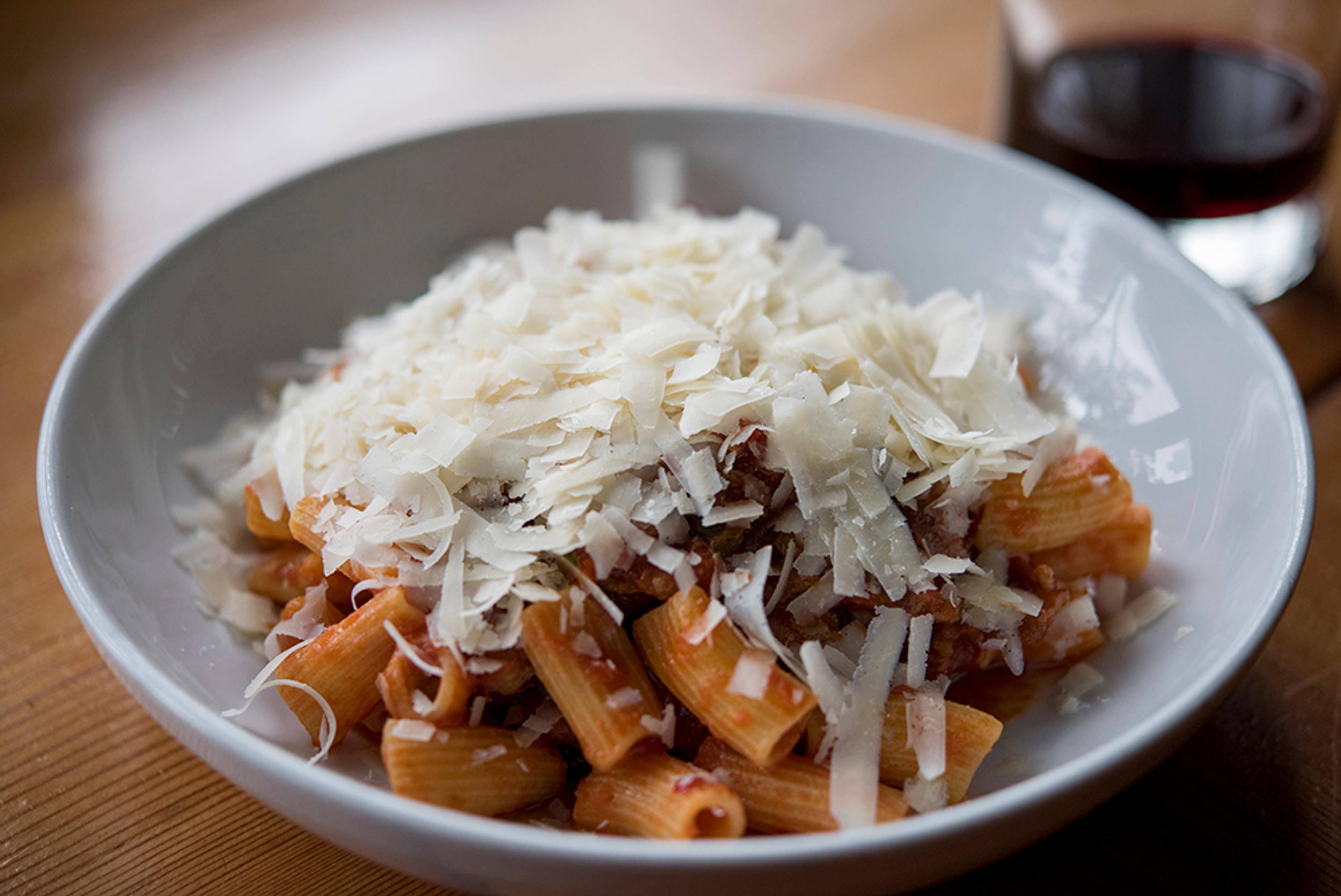 Rigatoni with tomato, spicy sausage, marjoram, parmigiano reggiano