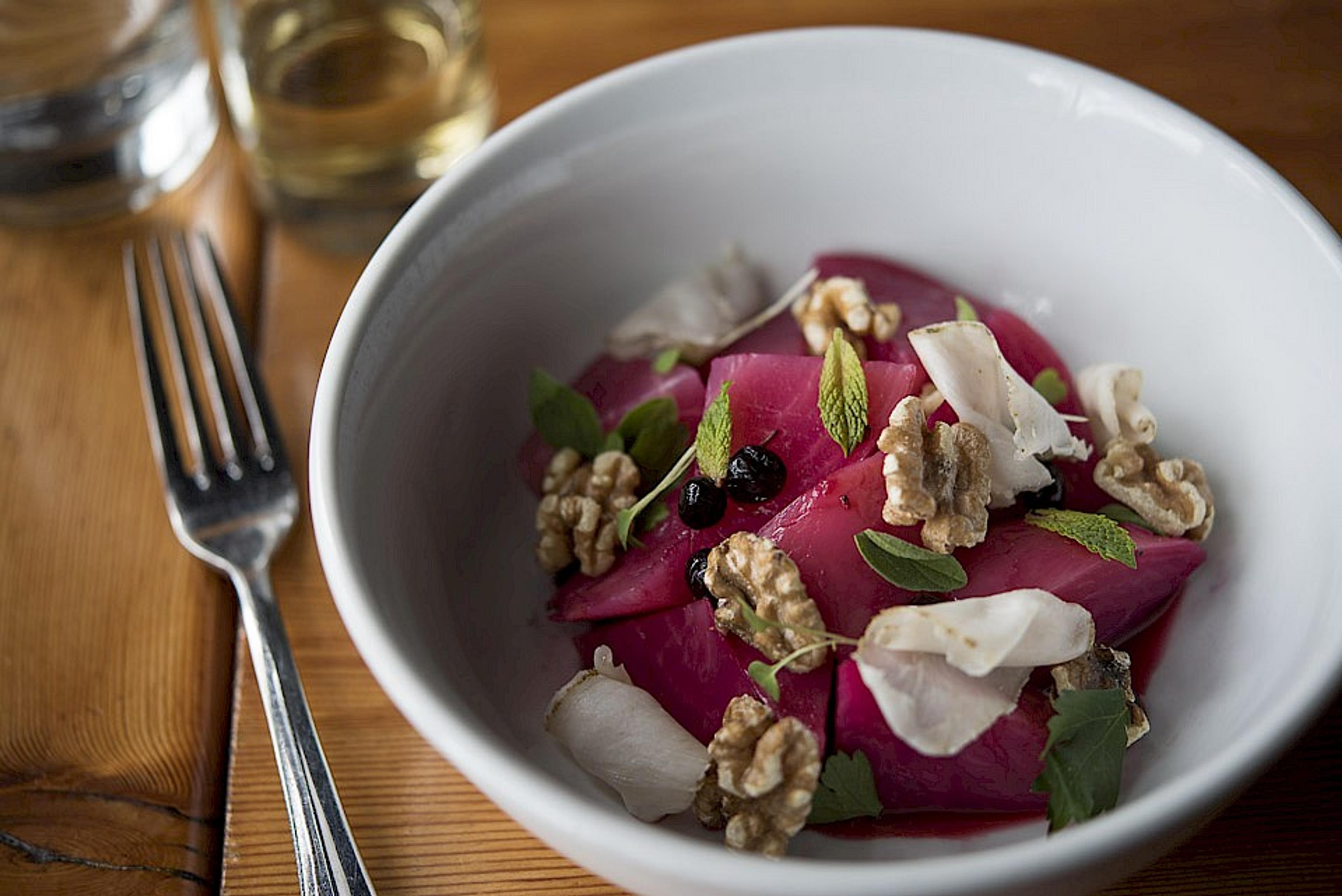 Beet salad with walnuts, mint, cheese