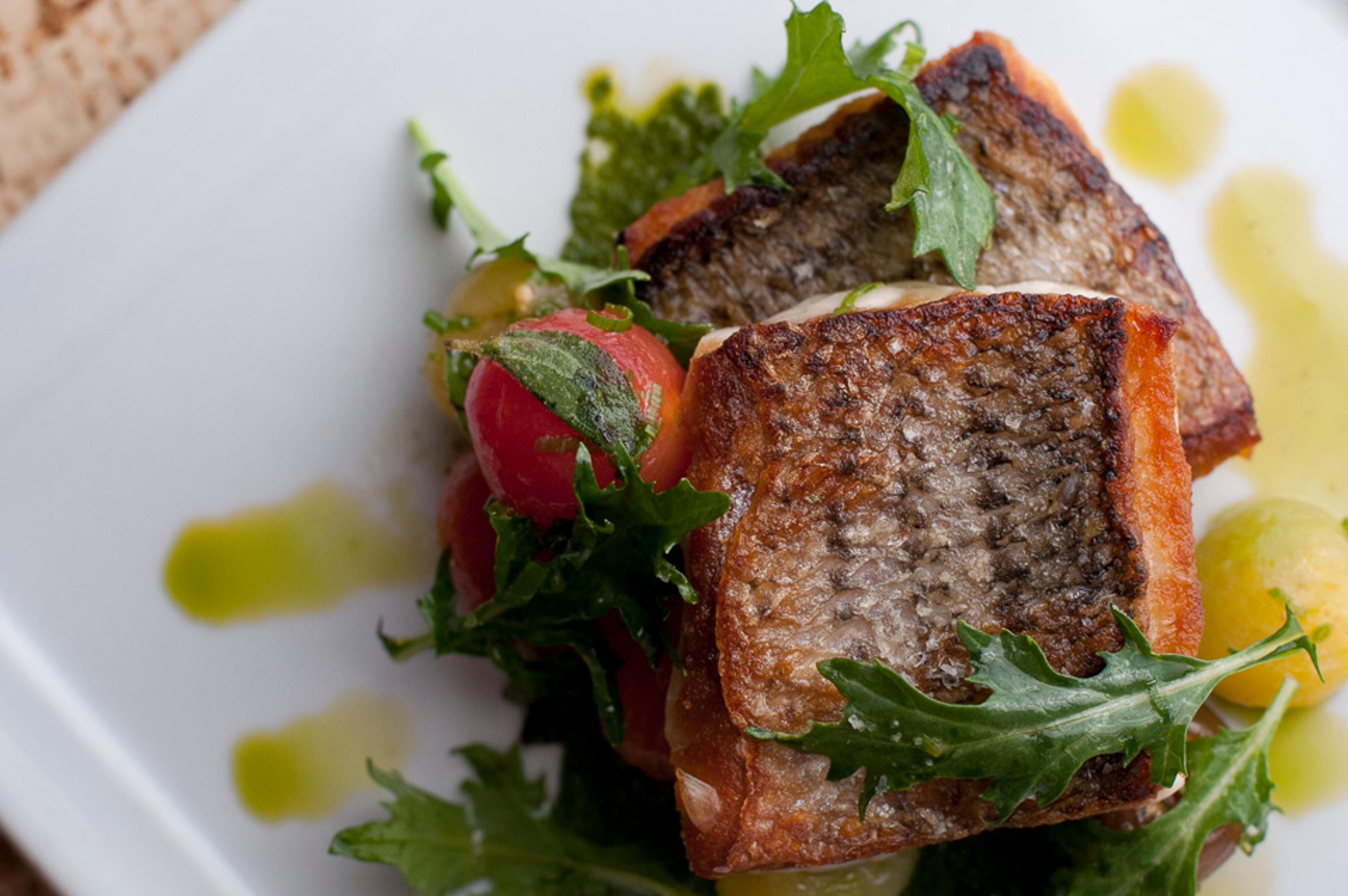 Salmon with crispy skin, tomato, seasonal greens