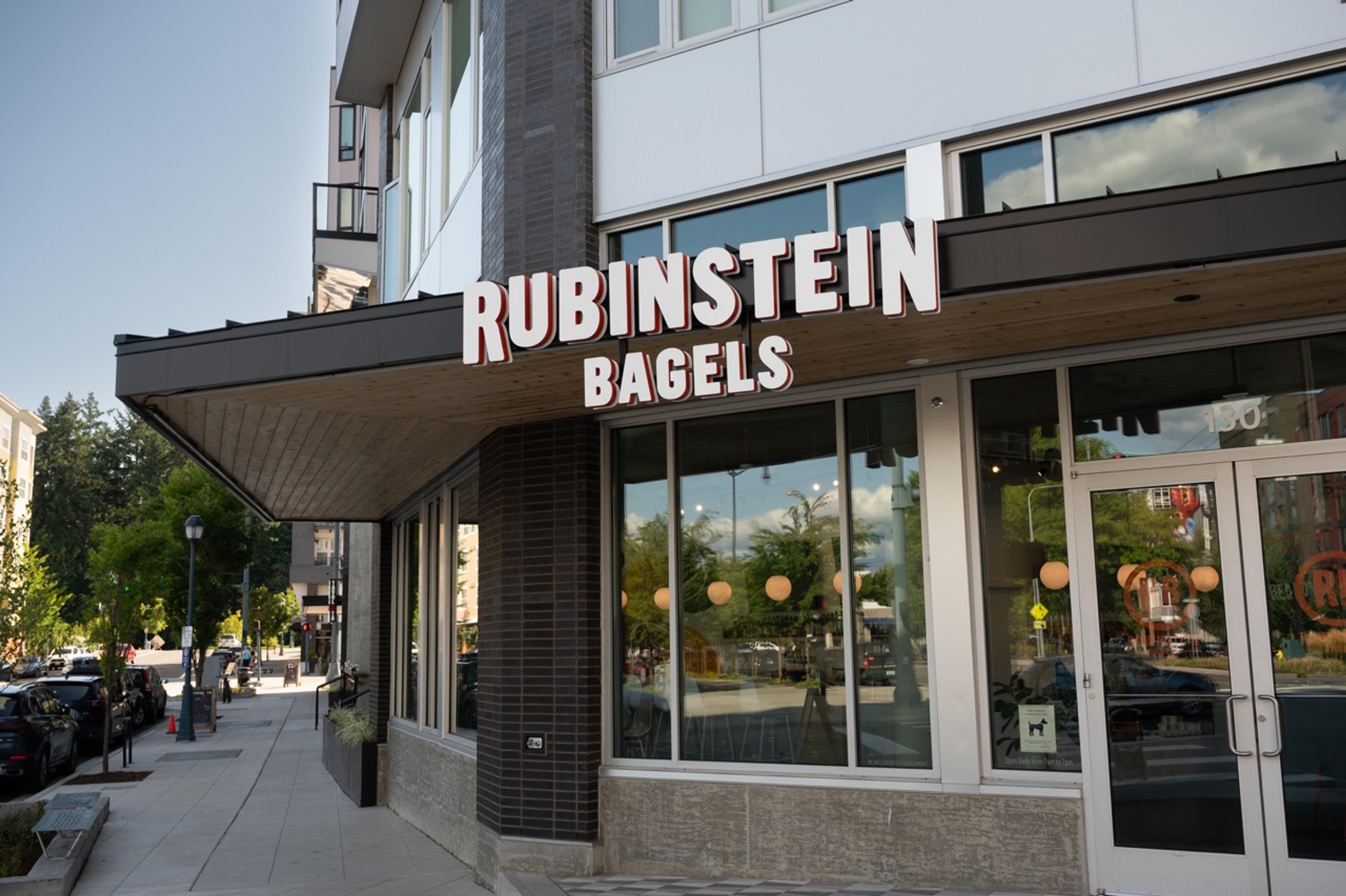 outside of Rubinstein Bagels in Downtown Redmond