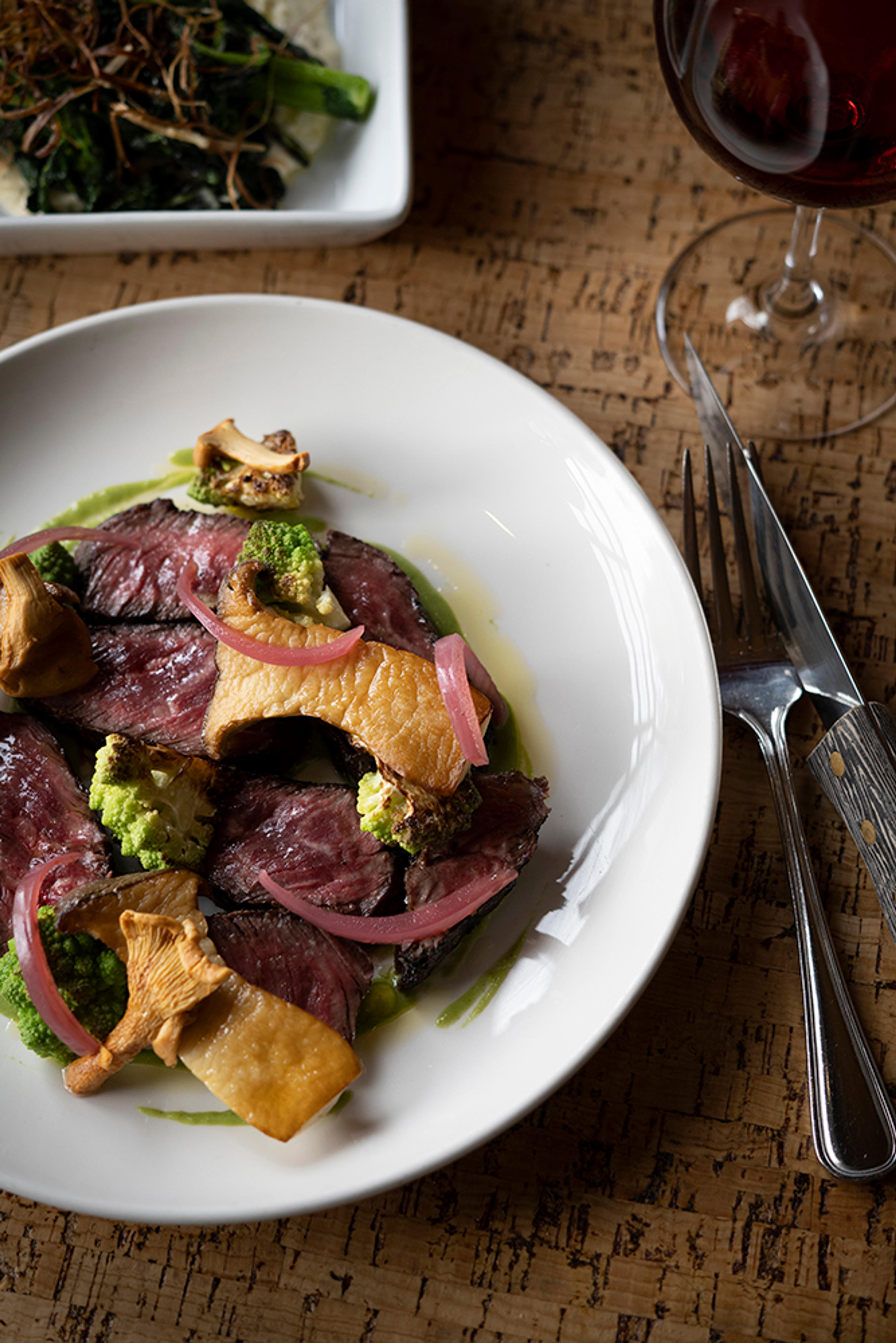 beef tenderloin with king oyster mushrooms and romanesco
