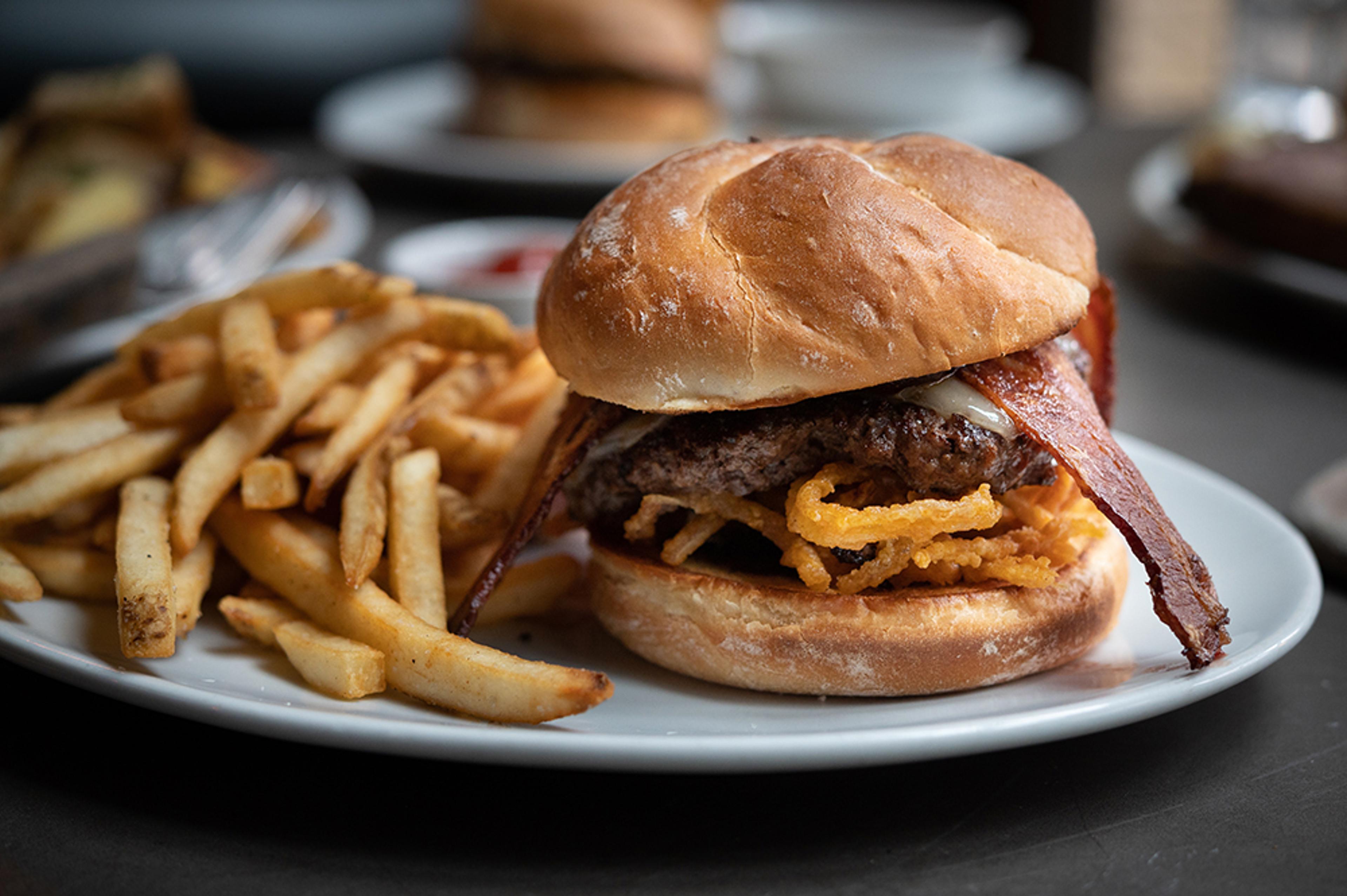 cowboy burger with fried onions, jalapeño, jack, and bacon