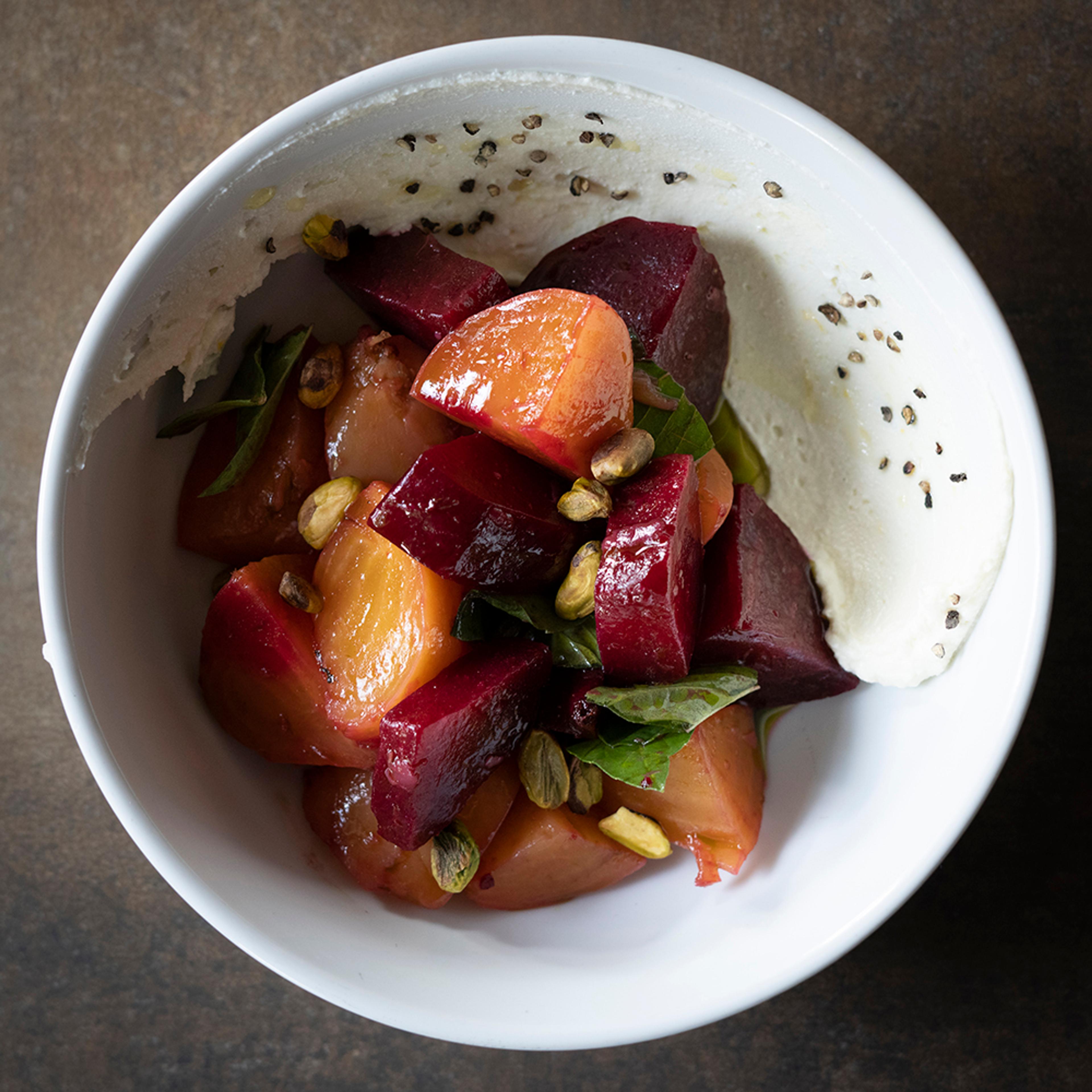 beet salad with pistachios, basil and creme fraiche