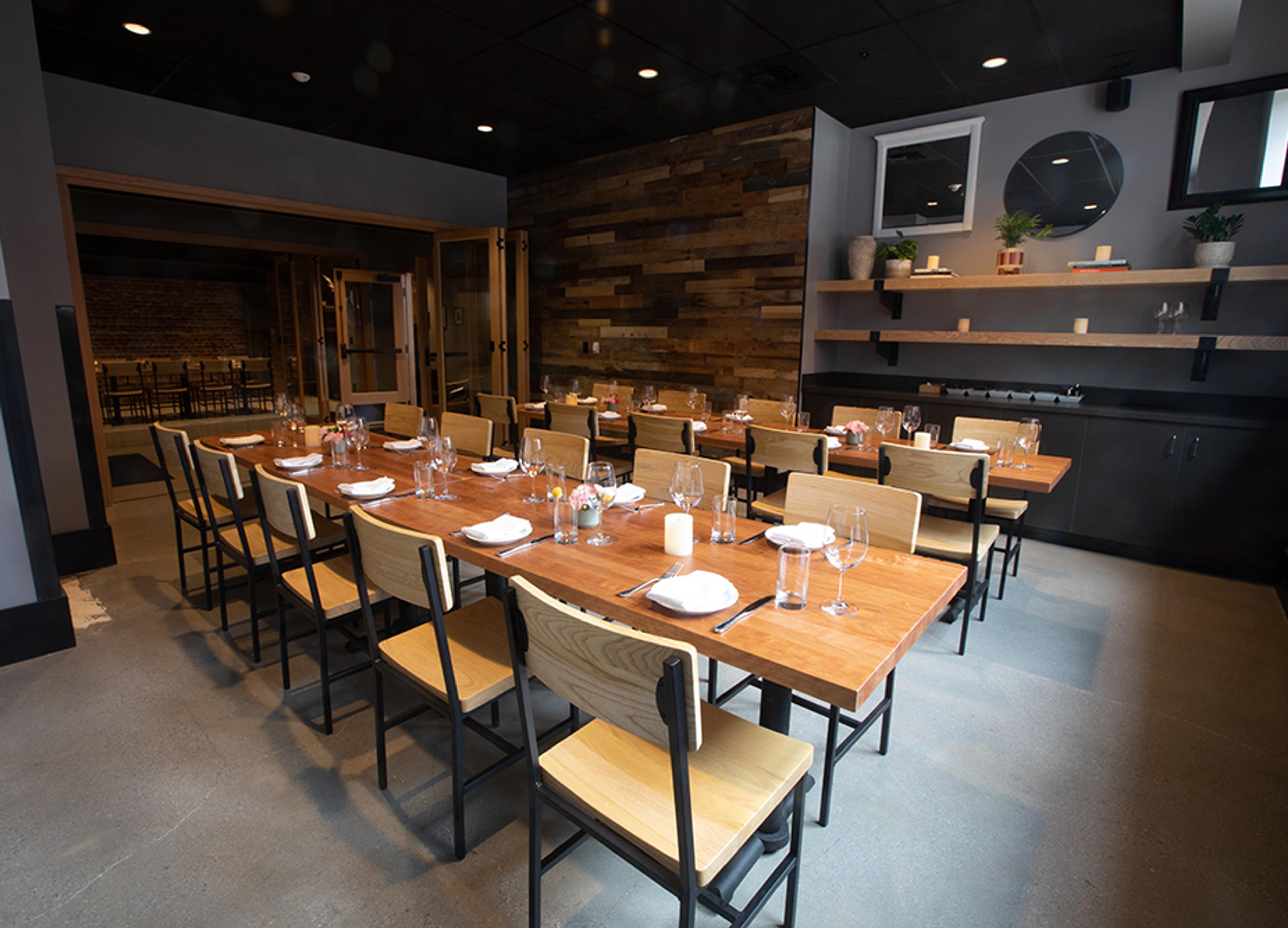 Private dining room with reclaimed wood